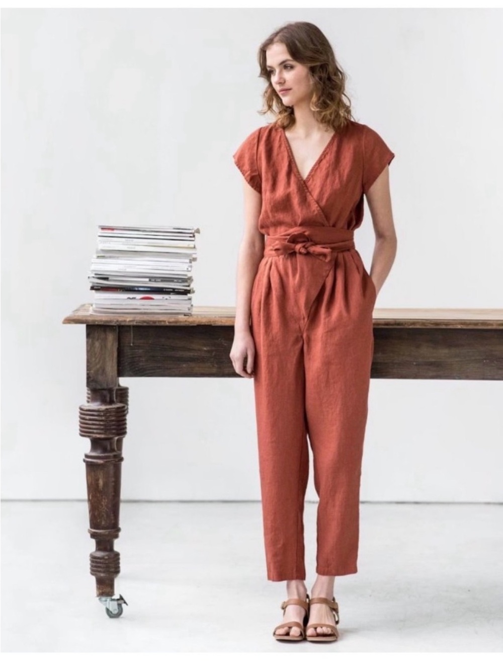 notPERFECTLINEN Margaret Linen V-Neck Wrap Short Sleeve Jumpsuit in Rust Small